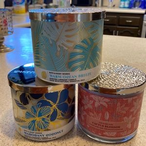 Warm Ocean Breeze, Mahogany Coconut, and Cactus Blossom 3 Wick Candles